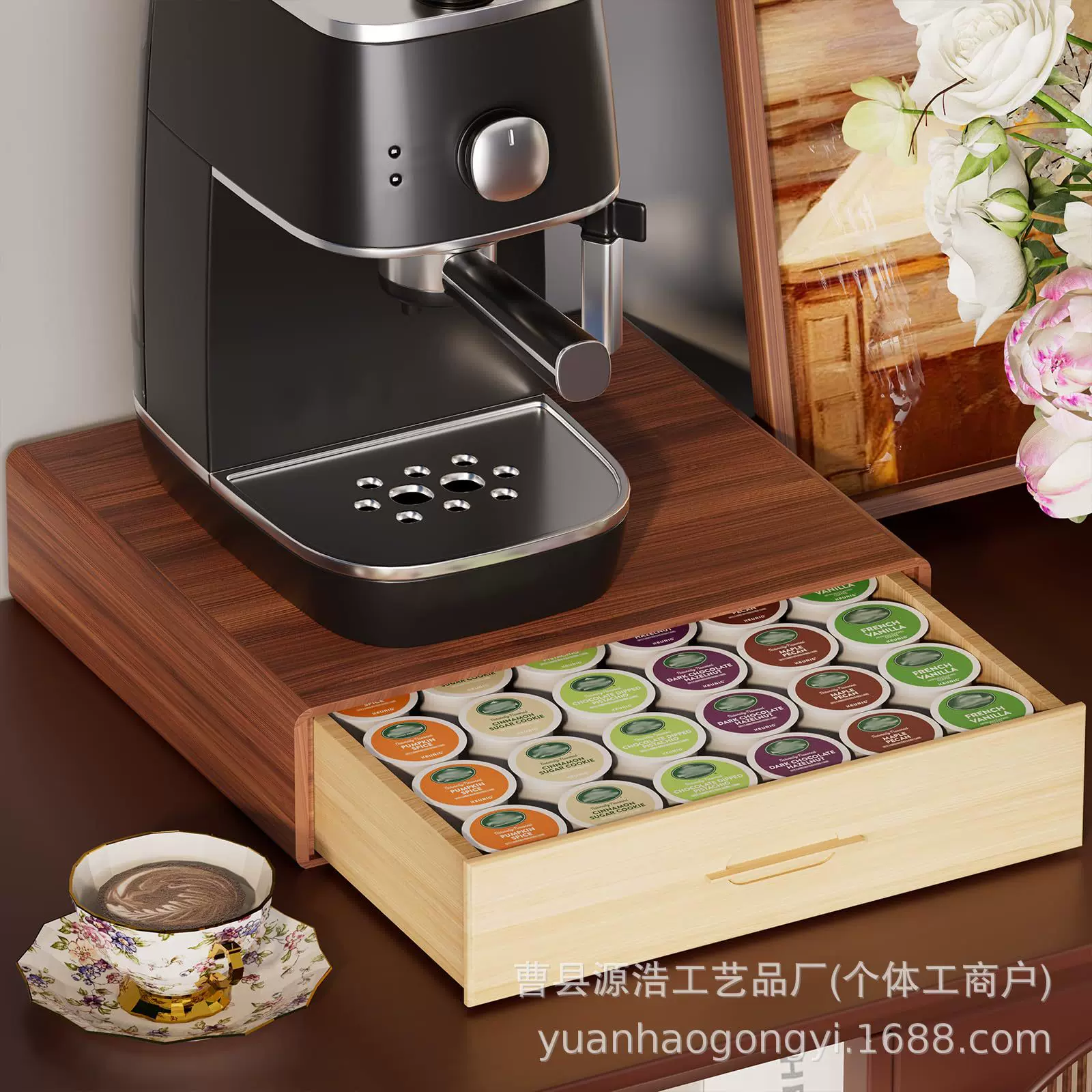 木制咖啡胶囊收纳盒抽屉式咖啡机底座支架茶水间家用杂物收纳木盒