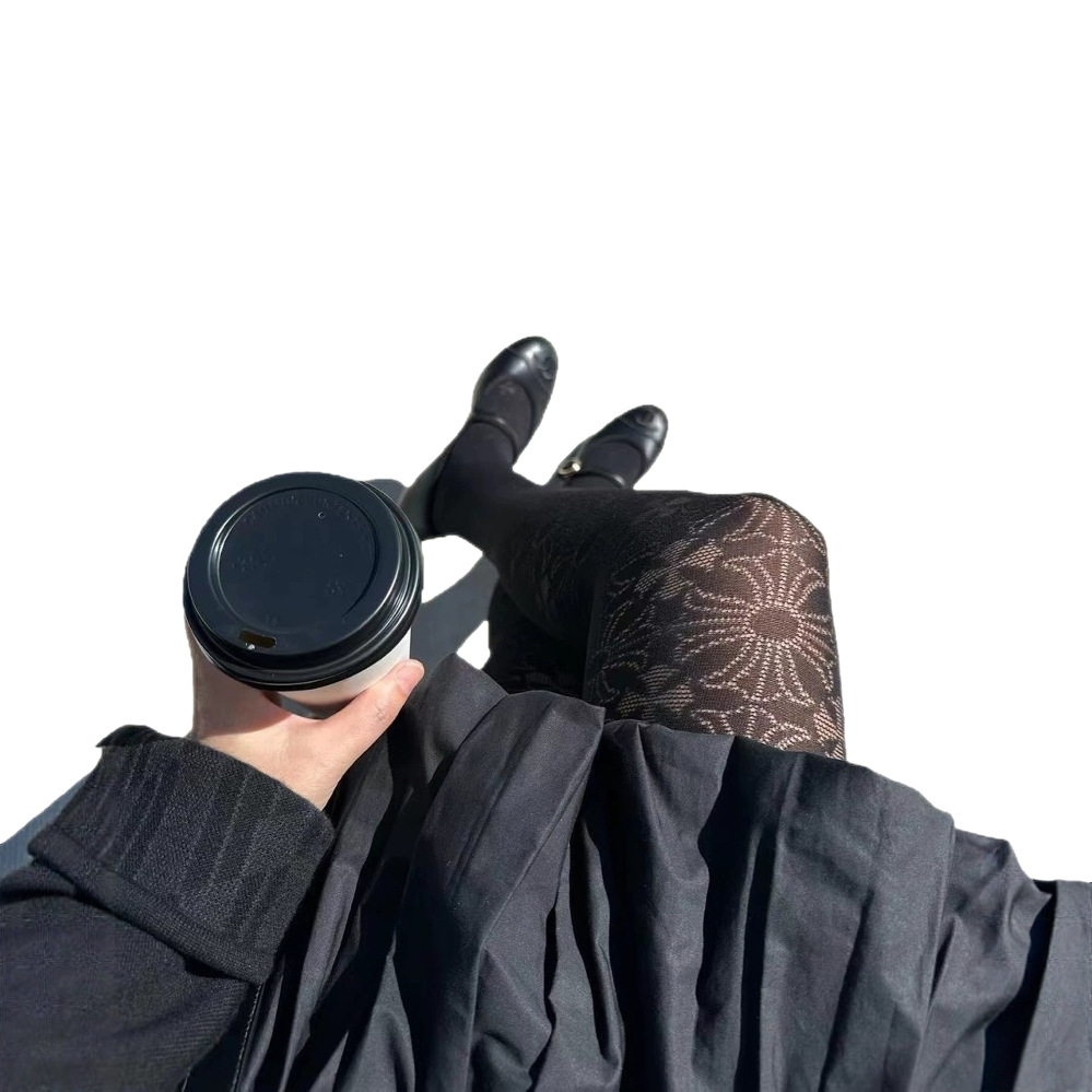 加长款 朋克暗黑克罗镂空十字架网格黑色满印连裤袜丝袜 网红同款