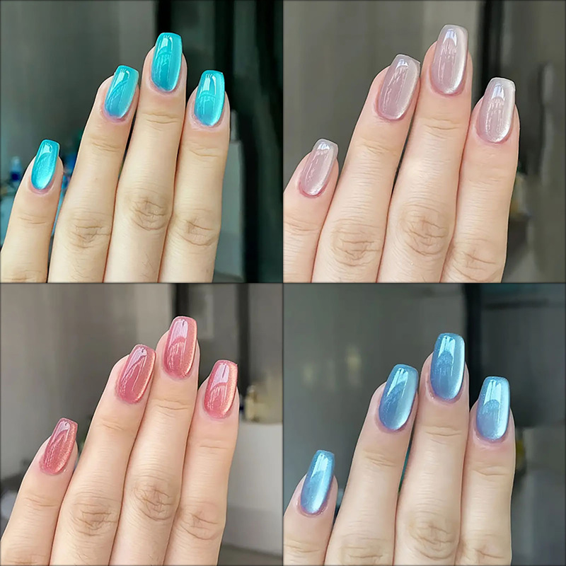 Cross-Border 4-Color Flash Cat-Eye Wearable Nails Pure Color Glitter Cloth Fake Nails Student Girl Manicure Nails