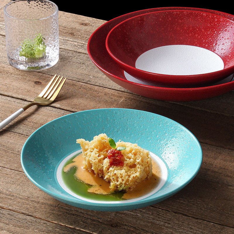 Melamine plate and cutlery set, suitable for Western restaurants and hotels, including salad and pasta plates, deep plates, and creative, color-blocked, round serving plates for commercial use Melamine plate and cutlery set, suitable for Western restaurants and hotels, including salad and pasta plates, deep plates, and creative, color-blocked, round serving plates for commercial use