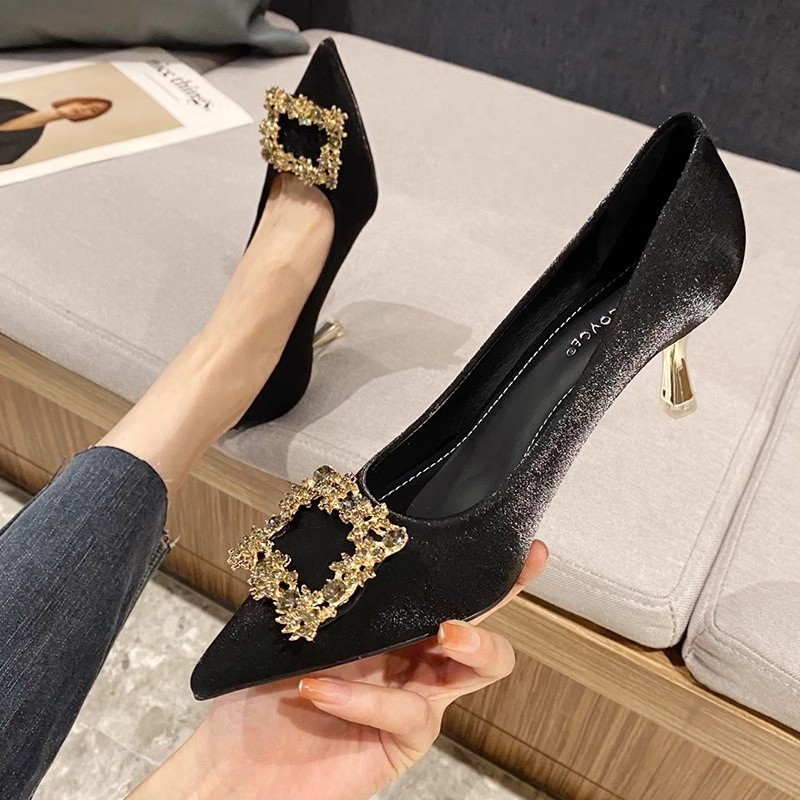 2025 Autumn New Style Pointed Toe Square Buckle Rhinestone Stiletto Heel Versatile Elegant Slip-On High Heels To Match_vogvips.com