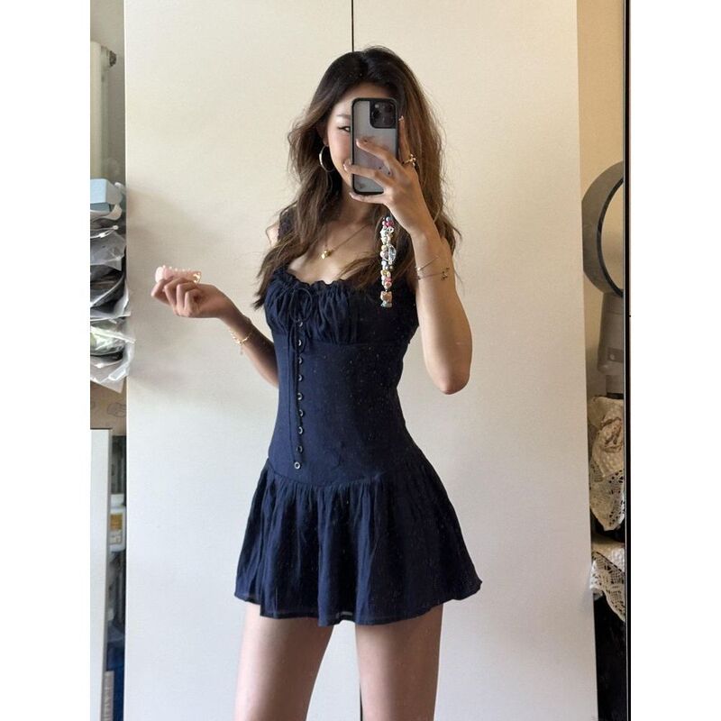 Now Available: Navy Blue Pleated Design Square-Neck Spaghetti Strap Dress for Women, Summer Style, Youthful and Elegant, Waist-Cinching Dress Now Available: Navy Blue Pleated Design Square-Neck Spaghetti Strap Dress for Women, Summer Style, Youthful and Elegant, Waist-Cinching Dress