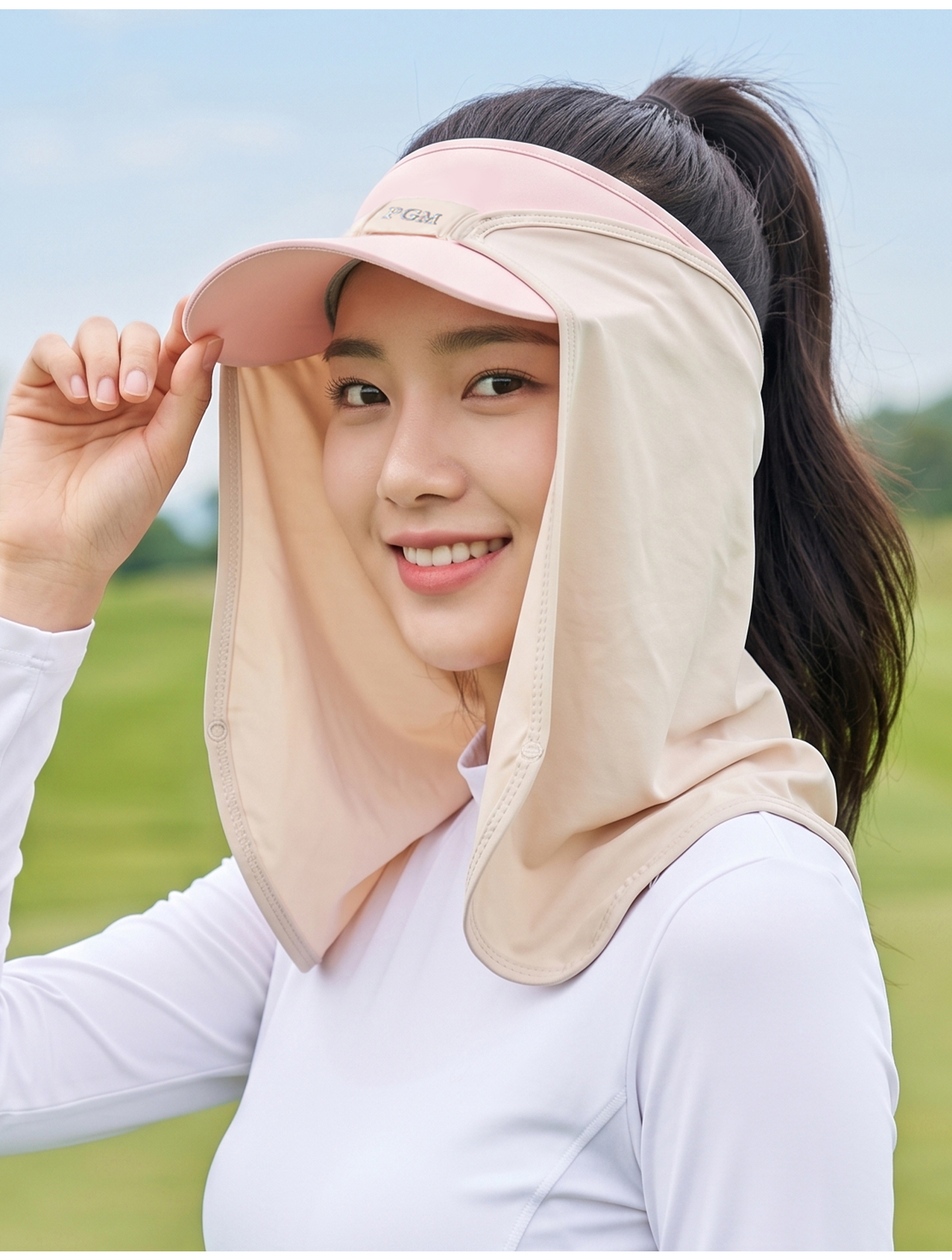 Khăn trùm mặt chống nắng golf PGM vải lụa thoáng khí cho nữ — WB004-Yếm xanh nhạt, WB004-khăn quàng cổ màu da, WB004-Yếm màu hồng, WB004-Yếm trắng chi tiết 11