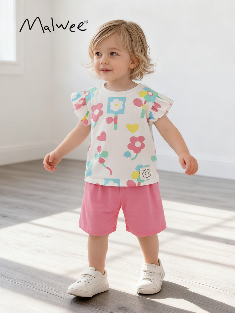 Trajes de niñas malwee transfronterizos de verano nuevos niños europeos y estadounidenses de cuello redondo de manga corta lindos juegos de dos piezas