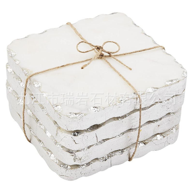 Fabricantes al por mayor almohadillas de taza de mármol natural borde de plata cuadrado cubierta de almohadillas de taza redonda Amazon transfronterizo exclusivo
