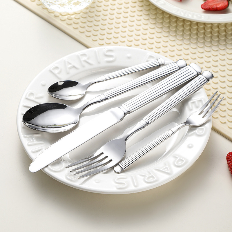 Stainless Steel Roman Column Cutlery Set Hotel Restaurant Western Food Knife, Fork, Spoon, Dessert Spoon 5-Piece Set Mirror Polished