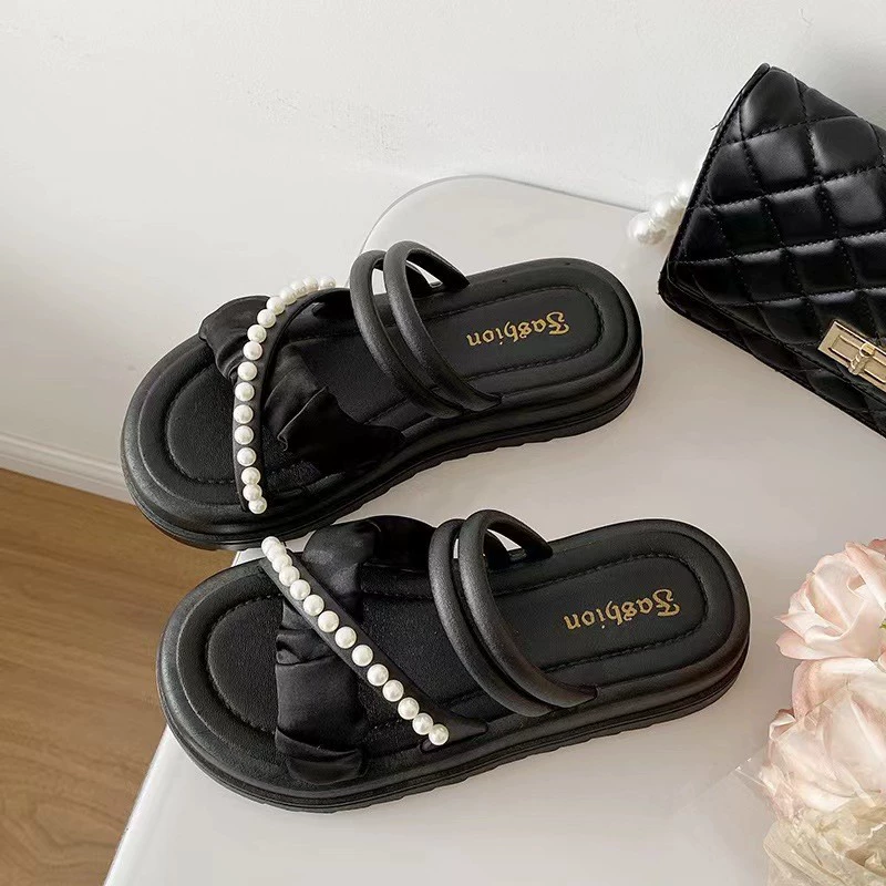 Platform sandals, PVC thick sole with pearl detail, beach slip-on for women