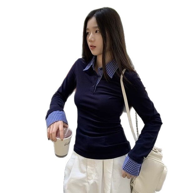 韩系格子拼接Polo领假两件针织衫女装早秋新款休闲设计感显瘦上衣|undefined