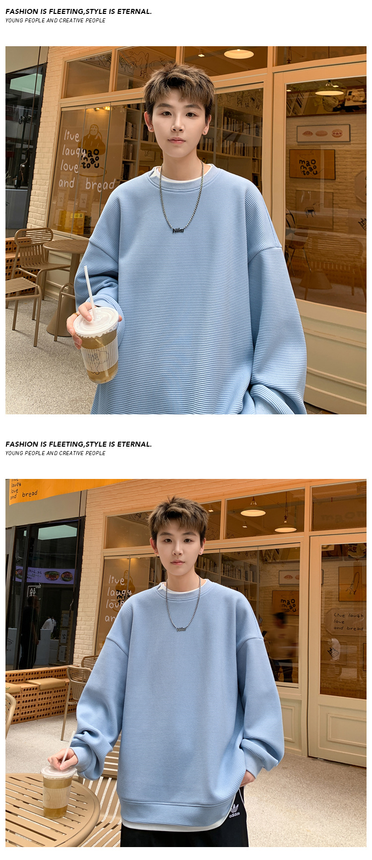 Men's Two-piece Spliced Blue Pullover Hoodie Loose Fit Pullover_voghion.com