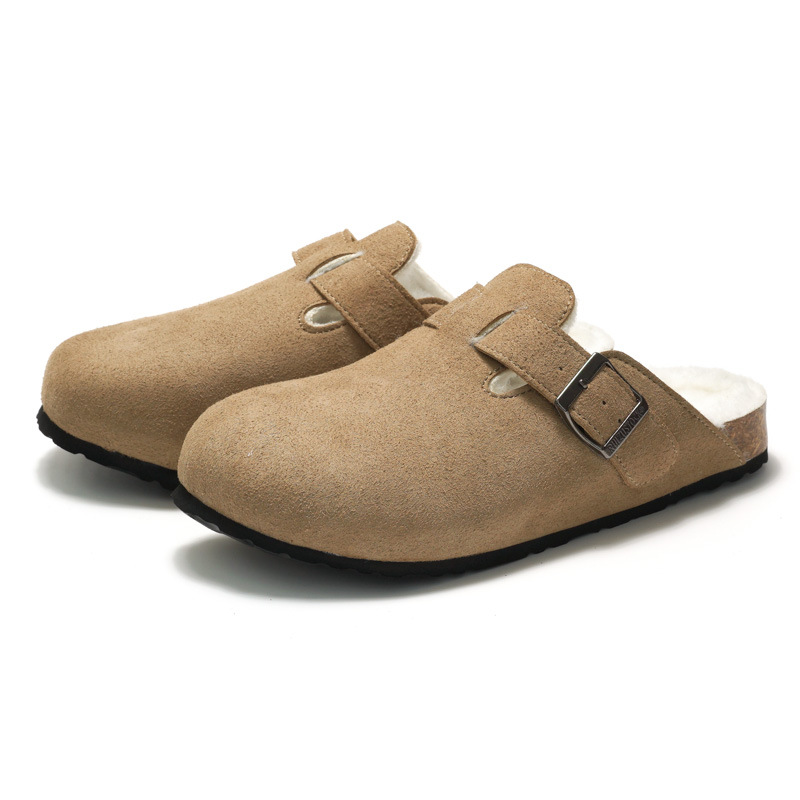 RUIZUSTOCK Winter Men's Closed-Toe Cork Slippers With Fleece, Women's Cotton Shoes, Warm Sandals, Suede Outdoor Wear_voghion.com