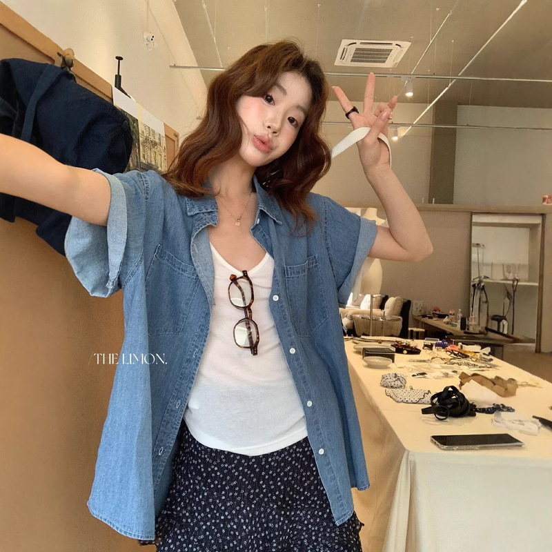 Lemon Green Tea Denim Lapel French Retro Style Denim Short-Sleeved Shirt for Women 2026 Spring and Summer Relaxed Style Loose Fit