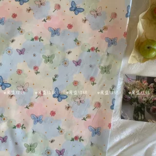 纯棉40支印花布料 晕染可爱彩色素雅蝴蝶结碎花面料 童装女装箱包