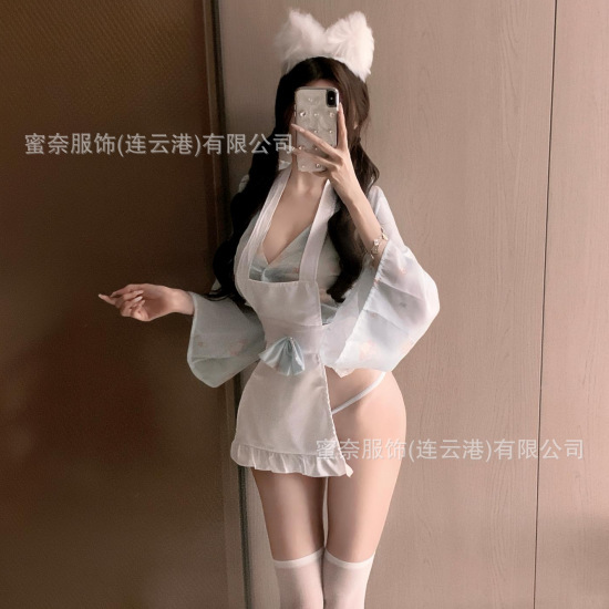 Sexy Lingerie Night Dessert Revealing Hip Temptation Printed Kimono Set Pure Desire Temptation Maid See-Through Nightgown for Women