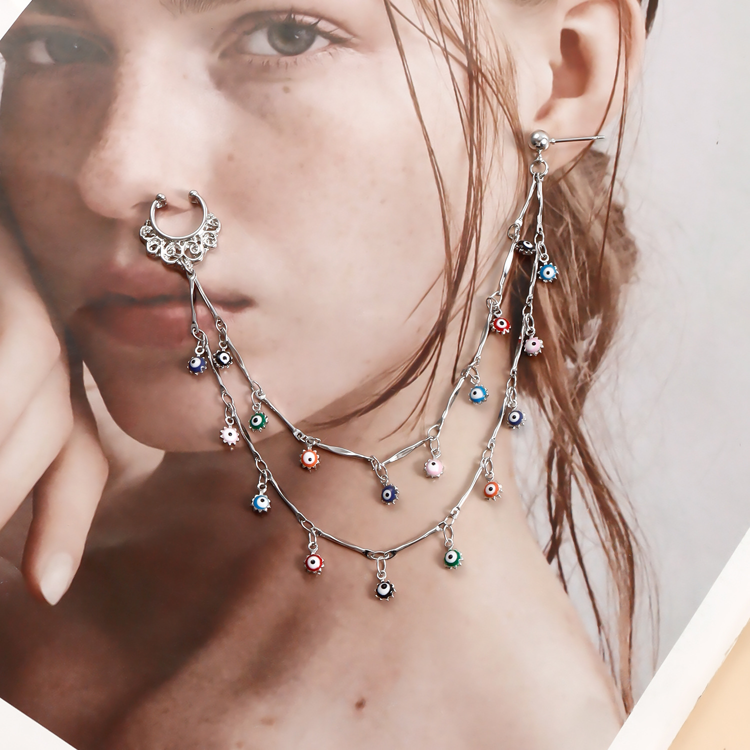 Teufelsauge-Quasten-Nasenring an Ohrkette mit Nieten, nicht durchbohrter Septum-Reifenring, indischer Bauchtanz, Party-Nasenzubehör für Frauen und Mädchen_voghion.com