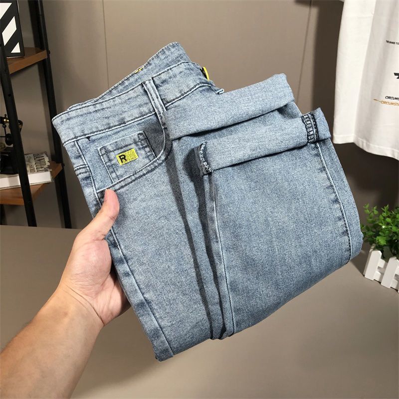 Jeans da uomo di colore chiaro slim fit alla moda, modello primavera e autunno, sottili, versione coreana, elastici, casual, versatili, con cuciture_voghion.com