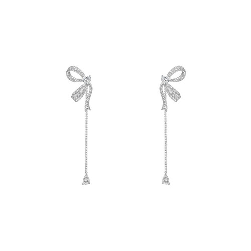 Bow water drop tassel earrings S925 silver needle micro inlaid zircon temperament women's popular style unique earrings earrings