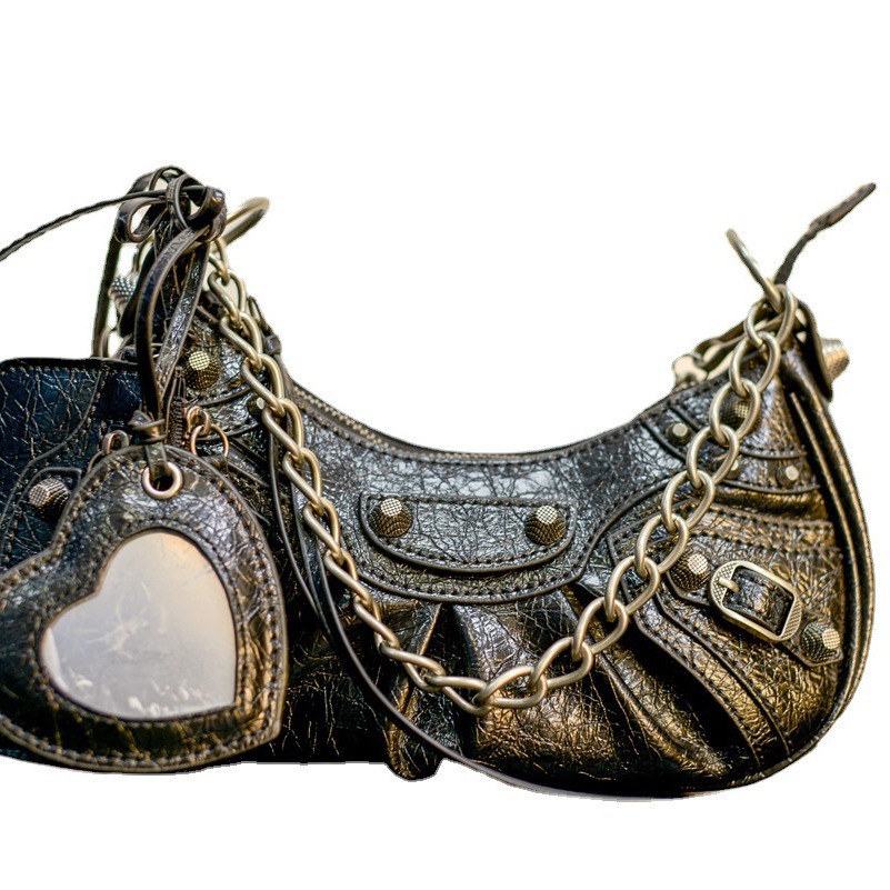 Women's Genuine Leather Bag 2022 New Arrival Luxury Shoulder Crescent Bag French Style Underarm Bag With Studs And Tassels - Thumbnail 5