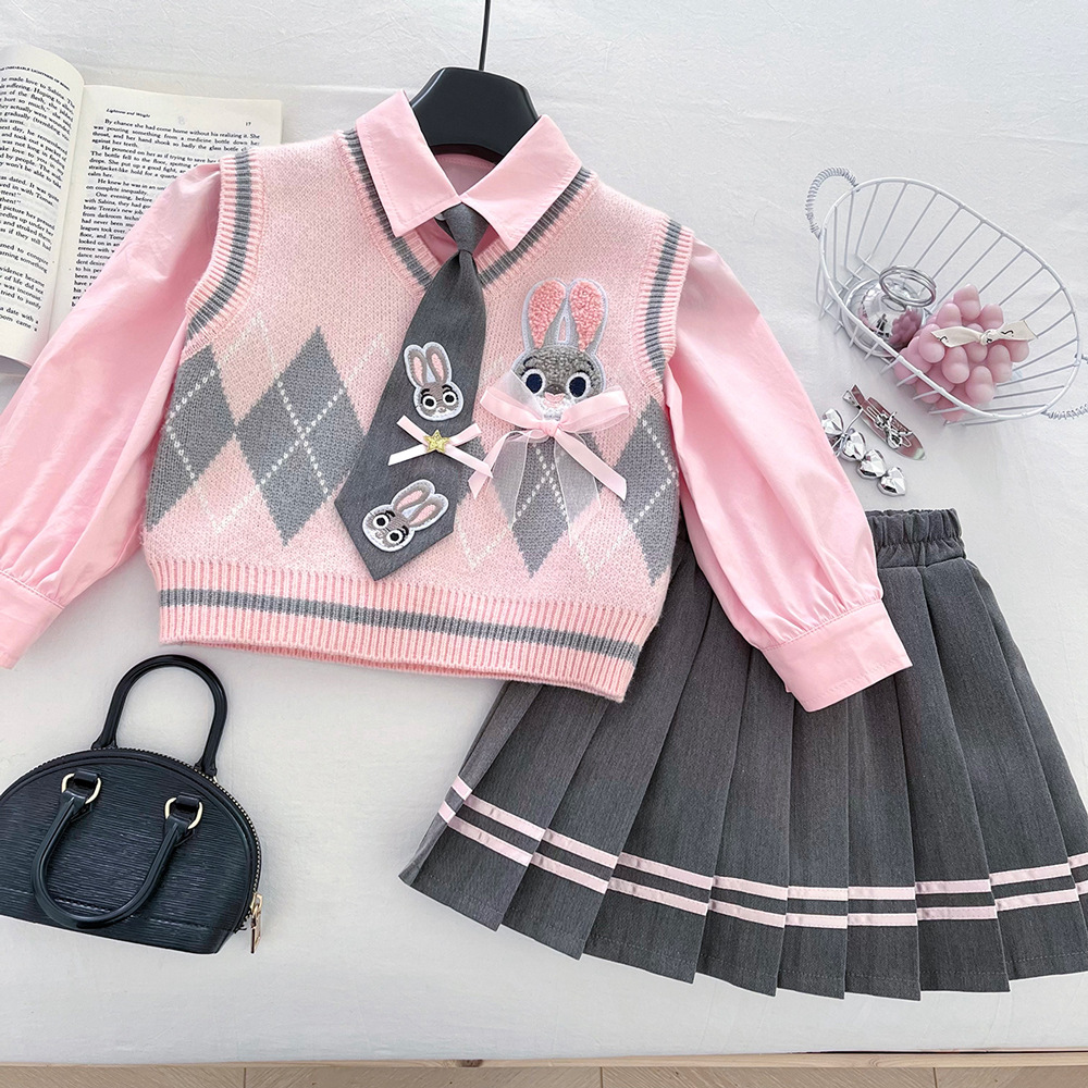 Girls' Cartoon Rabbit Outfit Autumn 2026 New Style Baby Girl Knitted Vest Shirt Pleated Skirt Three-Piece Set Trendy