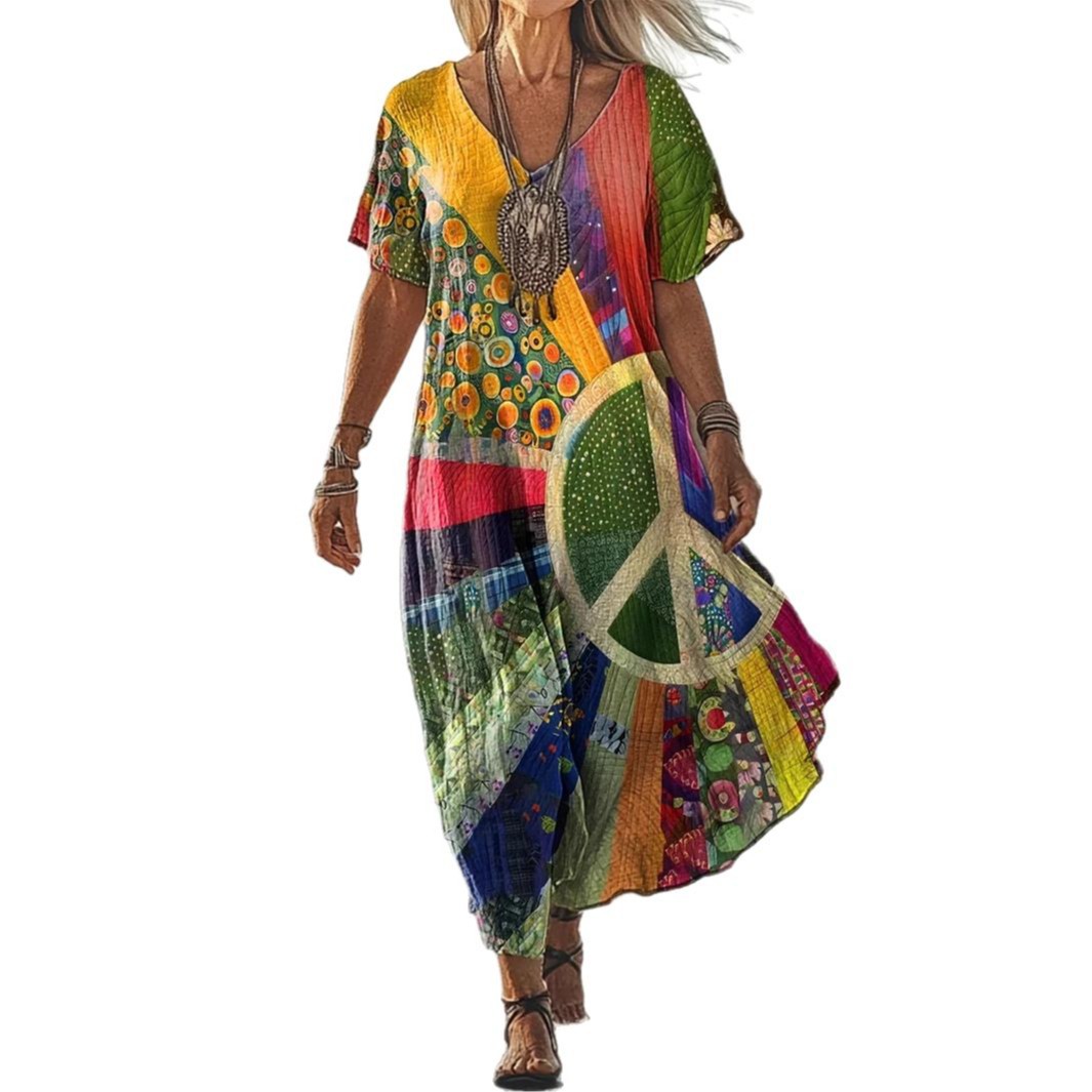 Creative Floral Women's Summer V-Neck Short Sleeve Dress, Midi Dress_ecoleips.com