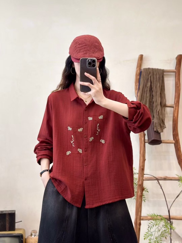 森女系2025春夏新款圆领单排扣拼接长袖苎麻复古刺绣减龄休闲衬衣|undefined