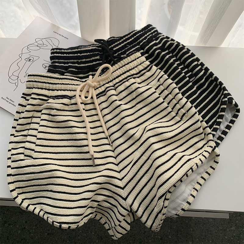 Black and White Striped Casual Sports Shorts Women's Summer Outer Wear Loose High Waist Loose Waist Loose Waist Home Wide Leg A- shaped Hot Pants