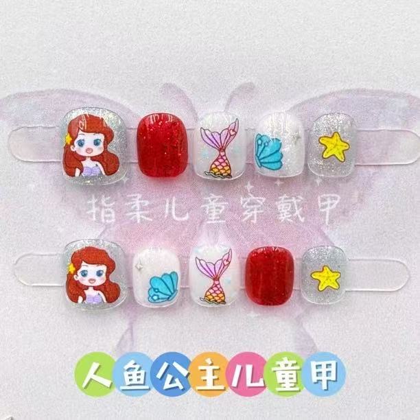 Mermaid Little Princess Wear Nails Children's Nail Stickers Handmade Beautiful Sequin Short Manicure Birthday Gift