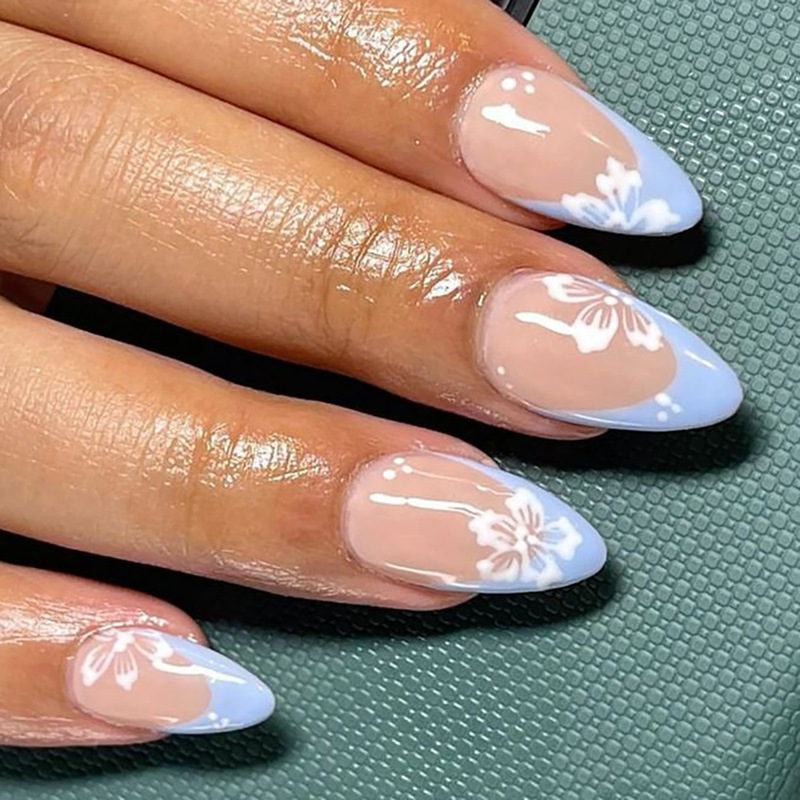 Cross-border Almond Blue French White Flower Fresh Fake Nail Finished Removable European and American Wear Nail Art