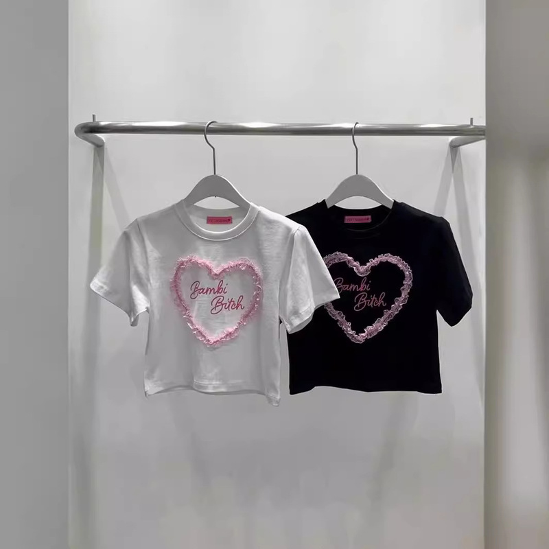 South Korea Dongdaemun Summer New Alphabet Printing Love Lace Edge Academy Style Slim-fit Short Short-sleeved T-shirt for Women