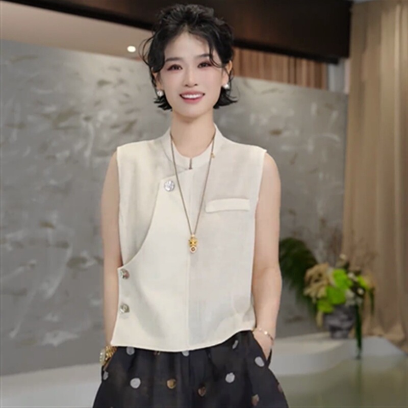 Summer Stand-Collar Sleeveless Shirt Vest for Women, Loose Fit, Slimming, Layered Wear, Daily Commute, Stylish Outerwear Top
