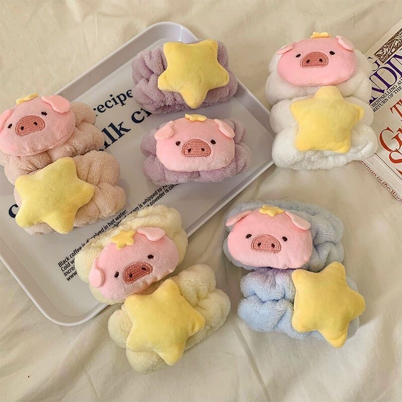 Cute star piggy face washing waterproof moisture-proof wrist strap artifact plush hair band makeup mask for washing