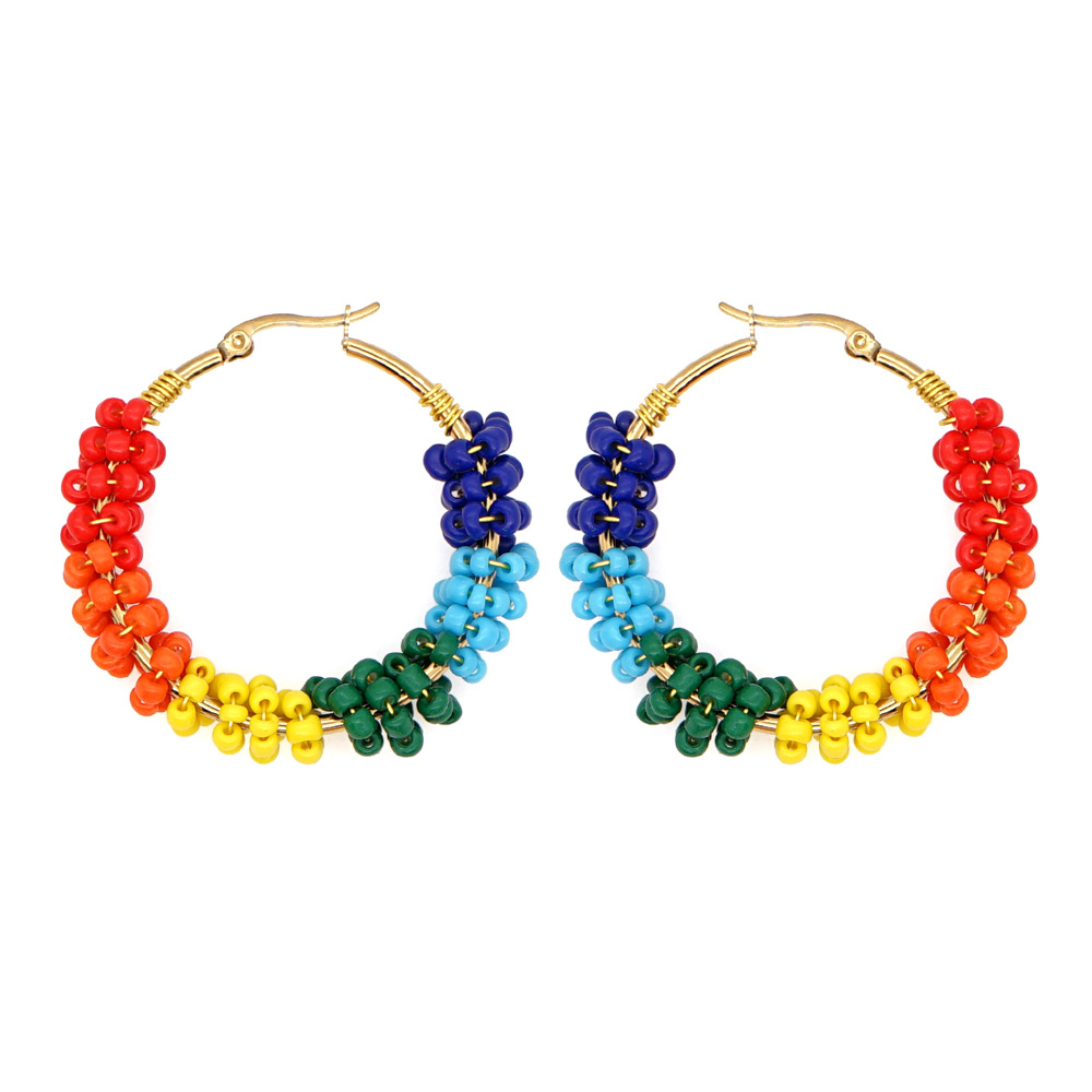 Geometric Wave Glass Color Rice Bead Large Hoop Earrings display picture 4