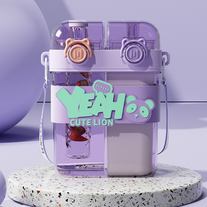 Taza para beber doble de gran capacidad dividida Taza para niños Taza para beber para estudiantes con pajita Taza para llevar al aire libre de alto valor de dibujos animados