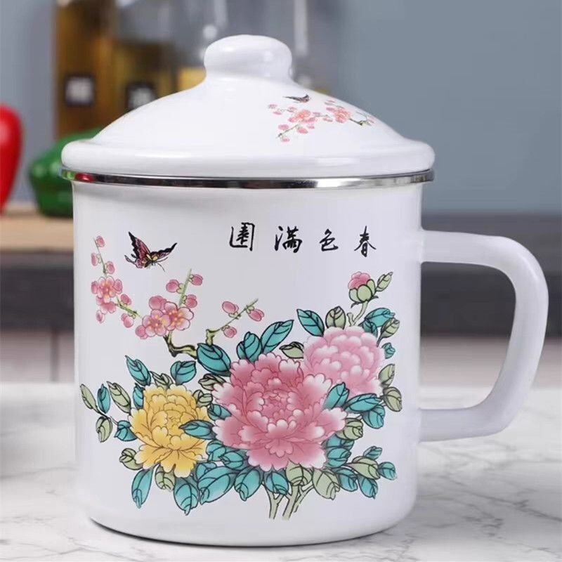 Enamel vintage enamel cup with lid, tea mug, iron cup, retro large-capacity water cup, tea cup, cartoon design Enamel vintage enamel cup with lid, tea mug, iron cup, retro large-capacity water cup, tea cup, cartoon design