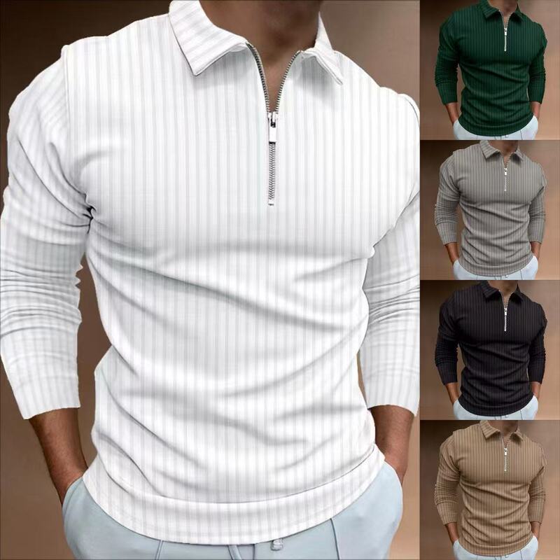 2025 New Cross-Border European and American Autumn and Winter Aliexpress Amazon Polo Shirt Zipper Stripesd Long-Sleeved Men's Polo Shirt