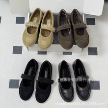 高品质小香风加绒玛丽珍一字扣后空单鞋羊羔毛绒皮圆头浅口芭蕾鞋