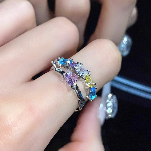 Ring for Women, Light Luxury, Unconventional Design, High-End, Unique, Colorful Zirconia, Sweet and Cool, Contrast Colors, Dreamy Rainbow Open Finger Ring