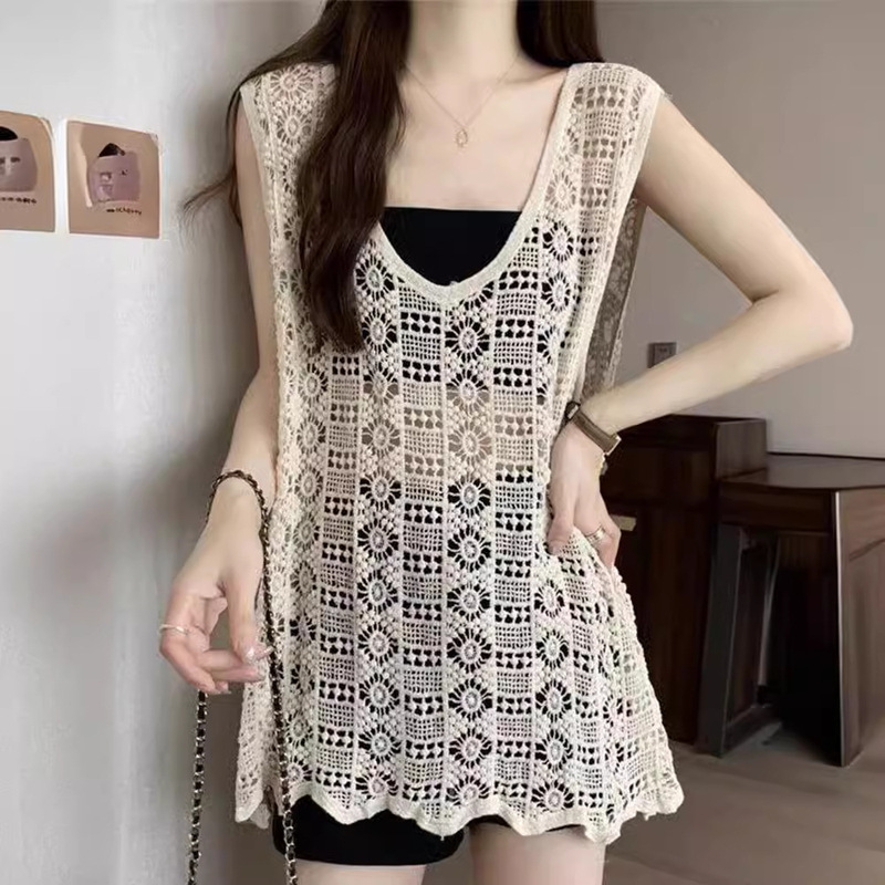 Korean Style Hollow Out Sleeveless Vest Women's 2024 Summer New Design Sense Outer Wear Spice Girls Waistcoat CK12621
