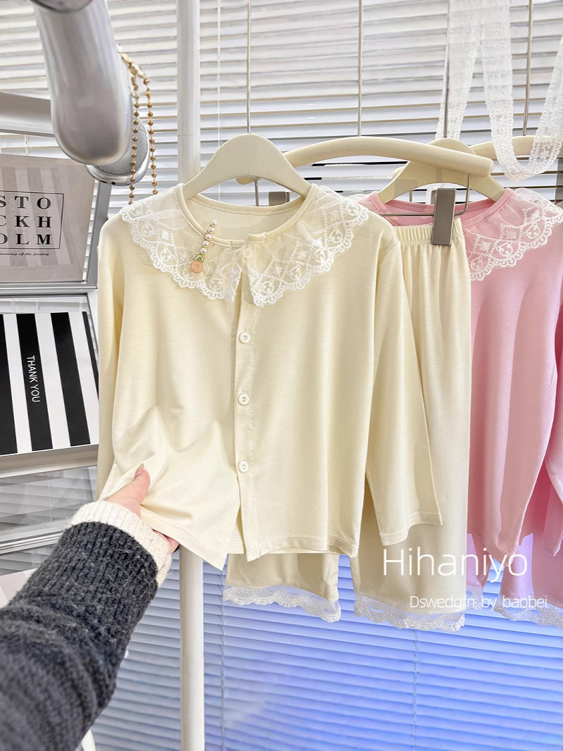 Traje modal para niños, chaqueta de punto delgada de verano para niñas, ropa de aire acondicionado de manga larga, pijamas de servicio a domicilio para padres e hijos para niños grandes