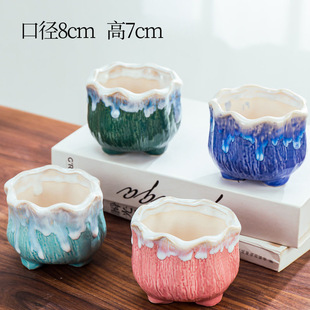 Colorful Light Flow Glaze Medium Fleshy Flower Pot Ceramic Breathable Nordic Cross-border Combination Round Personalized Creative Pot