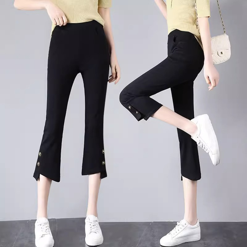 Cropped flared pants women's summer and autumn Korean style slimming split casual pants small elastic waist elastic black leggings