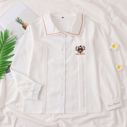  JK Uniform Original New Year [Christmas Bear] Embroidered Shirt Long Sleeve Female Student College Style Class Uniform