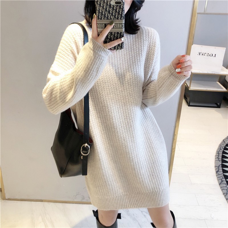 韩系新款中长款大毛衣裙秋冬圆领打底麻花纯色软糯时尚针织衫女装|undefined