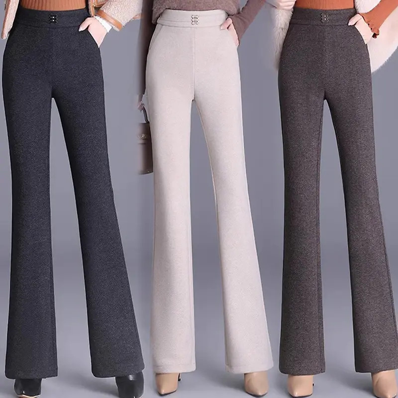 High-waisted, slimming, fleece-lined, thickened, slightly flared long pants for women in autumn and winter, with an elastic waistband – fashionable and casual.