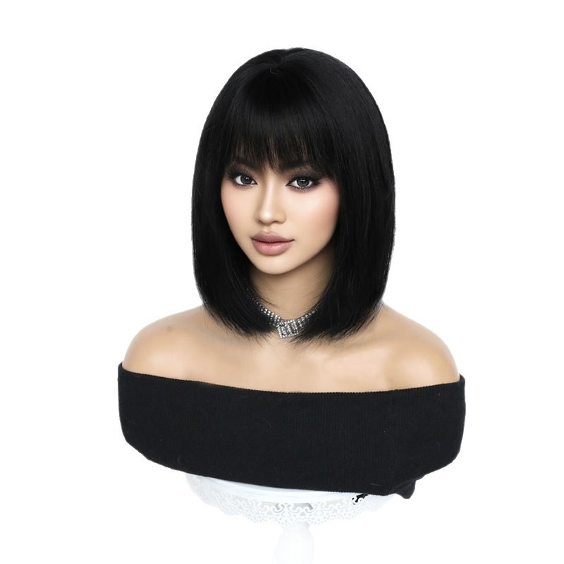 Short Straight Black Wig For Women Lace Frontal Bob Haircut With Bangs Natural Youthful Full Head Cover_voghion.com