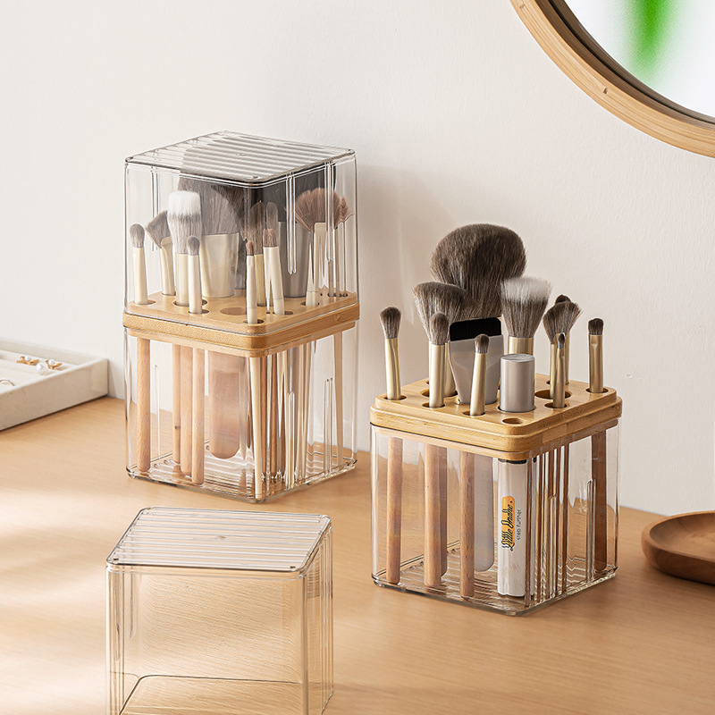Caja de almacenamiento transparente de escritorio, cosméticos de escritorio, cepillo de maquillaje, caja de almacenamiento de madera, lápiz labial, estante de maquillaje