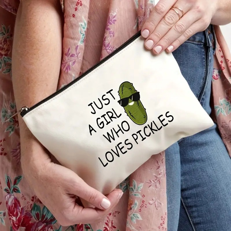 Bolsa de Maquillaje de Lino con Estampado de Pepino de Temu, Bolsa de Almacenamiento de Cosméticos con Cremallera para Mujer, Impresión a Doble Cara