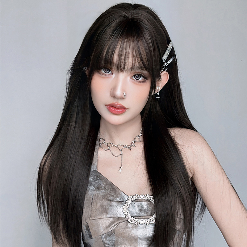 Wig women's long straight hair black full top full head cover bangs chemical fiber artificial pullover wig super long straight hair wholesale