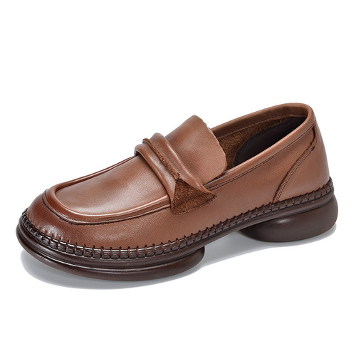 2024 Spring Genuine Leather Mid-Heel Single Shoes Women's Soft Sole Soft Cowhide Loafers Round Toe Slip-on Small Leather Shoes Mom's Shoes