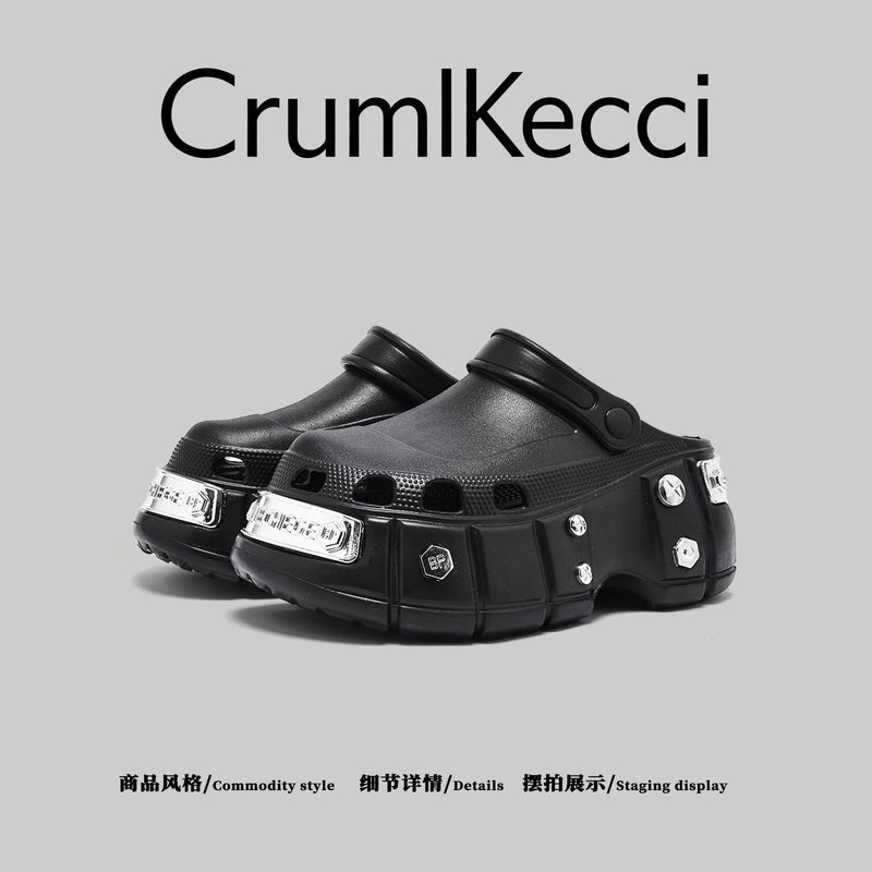 American Cruml&Kecci~Black perforated sandals for men, thick-soled, height-increasing, spring outdoor wear, non-slip men's slippers