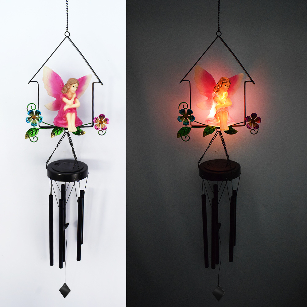 Nueva lámpara de jardín solar hierro hueco Sol Luna viento campanas colgante LED al aire libre jardín paisaje Decoración